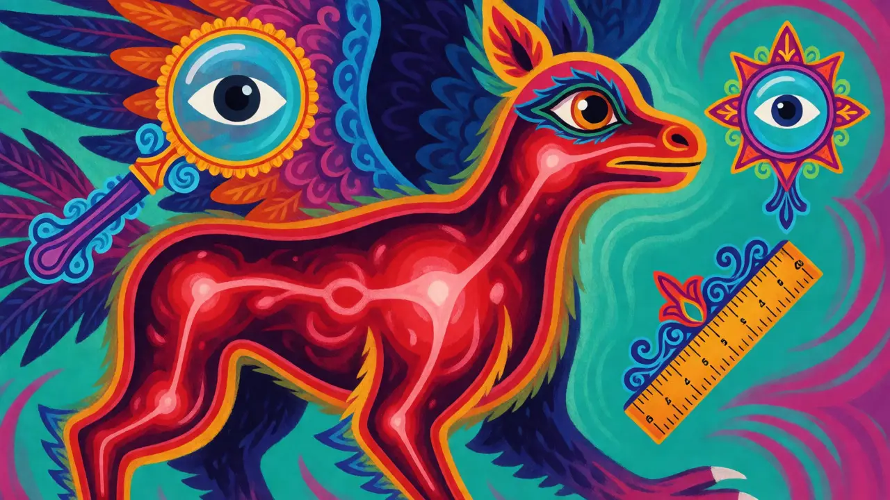 Mythical liver beast with glowing internal risks surrounded by symbolic monitoring tools