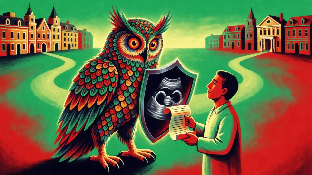 Patient guided by a protective Alebrije guardian through diverging medical guideline paths